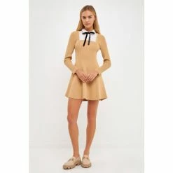 English Factory Mixed Media Fit And Flare Sweater Dress Dresses Grey