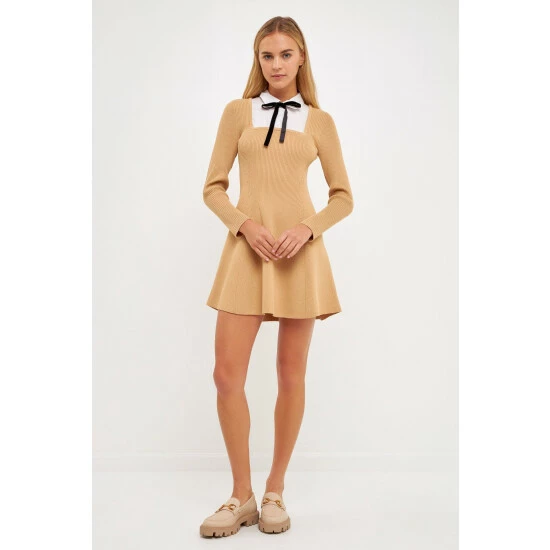 English Factory Mixed Media Fit And Flare Sweater Dress Dresses Grey