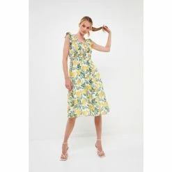 English Factory Lemon Print Smocked Bodice Midi Dress Dresses Yellow Multi
