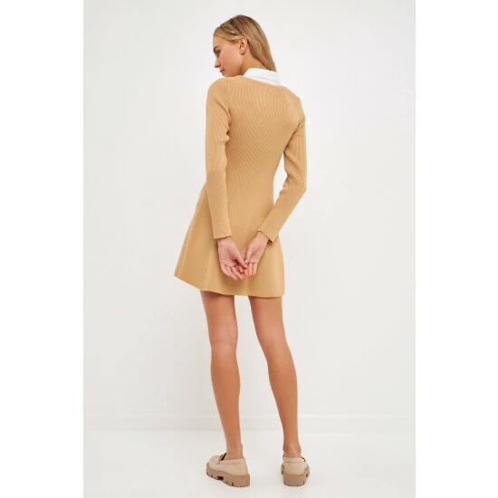 English Factory Mixed Media Fit And Flare Sweater Dress Dresses Grey - Image 3