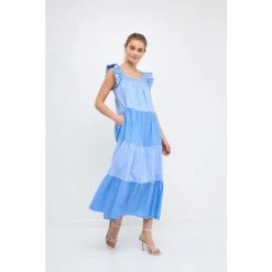 English Factory Ruffle Detail Colorblock Midi Dress Dresses Blue Multi