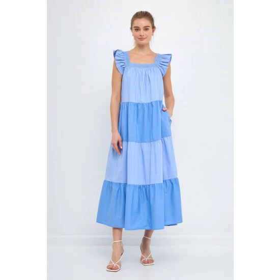 English Factory Ruffle Detail Colorblock Midi Dress Dresses Blue Multi - Image 2