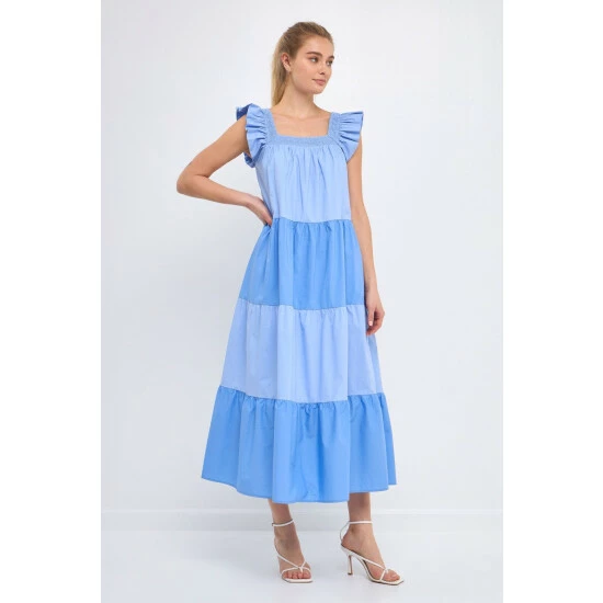 English Factory Ruffle Detail Colorblock Midi Dress Dresses Blue Multi - Image 3