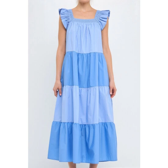 English Factory Ruffle Detail Colorblock Midi Dress Dresses Blue Multi - Image 5