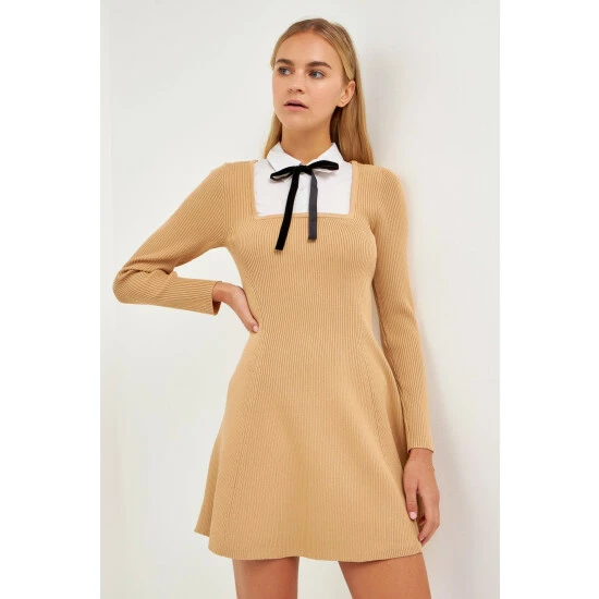 English Factory Mixed Media Fit And Flare Sweater Dress Dresses Grey - Image 4