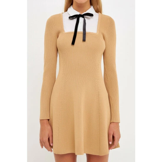 English Factory Mixed Media Fit And Flare Sweater Dress Dresses Grey - Image 5