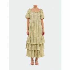 English Factory Gingham Striped Multi Tiered Maxi Dress Dresses Avocado