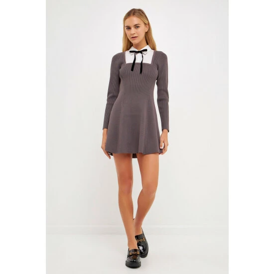 English Factory Mixed Media Fit And Flare Sweater Dress Dresses Grey - Image 6