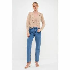 English Factory Beads Detail Knit Cardigan Sweatshirts & Sweaters Beige