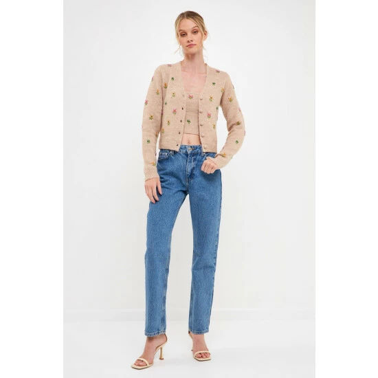 English Factory Beads Detail Knit Cardigan Sweatshirts & Sweaters Beige