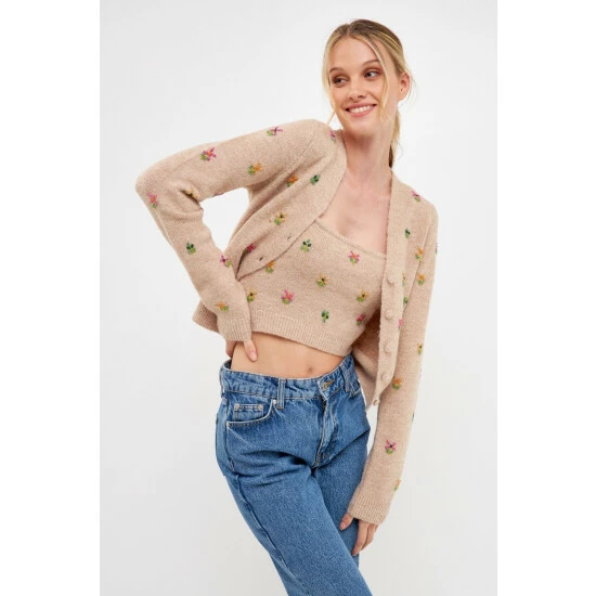 English Factory Beads Detail Knit Cardigan Sweatshirts & Sweaters Beige - Image 5