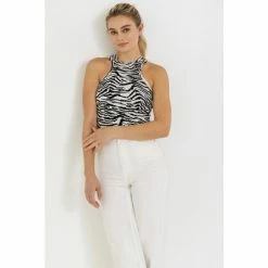 English Factory Raw Cut Out Printed Tank Tops Zebra