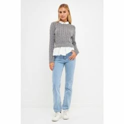 English Factory Mixed Media Cable Knit Sweater Sweatshirts & Sweaters Grey