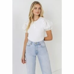 English Factory Mixed Media Puff Sleeve Henley Top Tops White