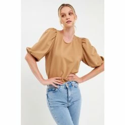 English Factory Ponte Puff Sleeve Top Tops Camel