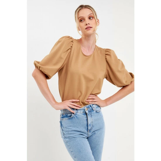 English Factory Ponte Puff Sleeve Top Tops Camel