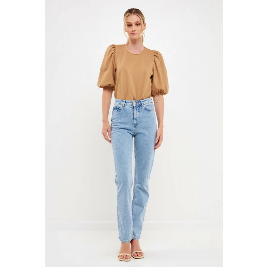 English Factory Ponte Puff Sleeve Top Tops Camel - Image 2