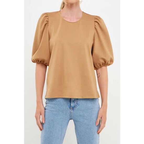 English Factory Ponte Puff Sleeve Top Tops Camel - Image 5