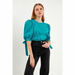 English Factory Bow Banded Puff Sleeve Blouse Tops Teal
