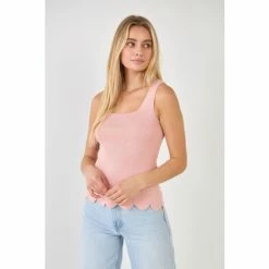English Factory Square Neckline Scallop Edge Knit Tank Top Tops Pink