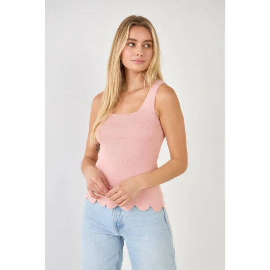 English Factory Square Neckline Scallop Edge Knit Tank Top Tops Pink 1 English Factory Square Neckline Scallop Edge Knit Tank Top Tops Pink