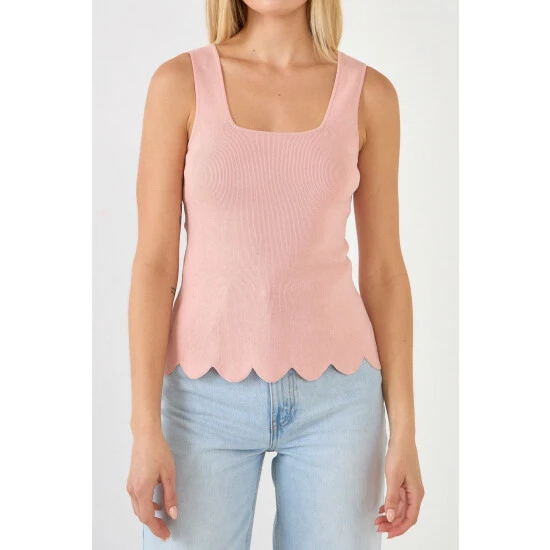 English Factory Square Neckline Scallop Edge Knit Tank Top Tops Pink 5 English Factory Square Neckline Scallop Edge Knit Tank Top Tops Pink - Image 5