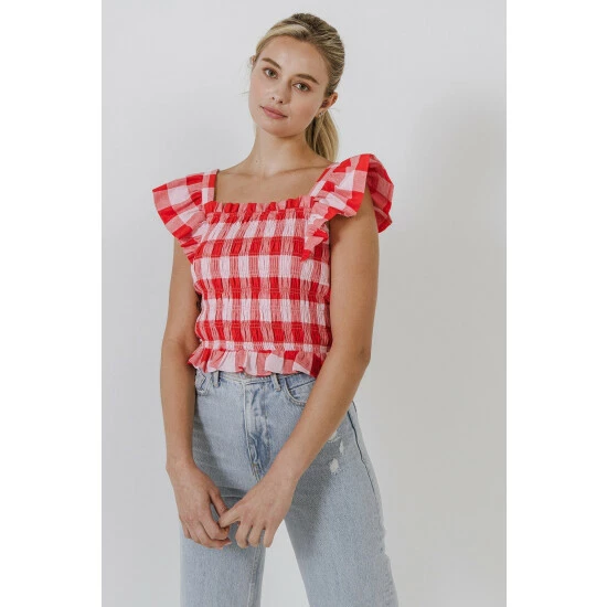 English Factory Gingham Smocked Top Tops Pink/red