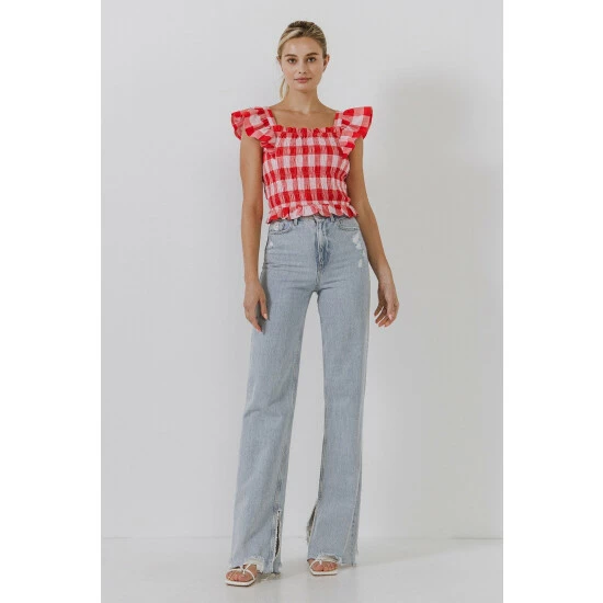 English Factory Gingham Smocked Top Tops Pink/red - Image 2