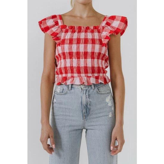 English Factory Gingham Smocked Top Tops Pink/red - Image 5