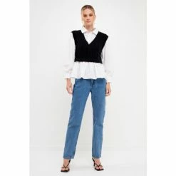 English Factory Mixed Media Sweater Vest Top Sweatshirts & Sweaters Black/white