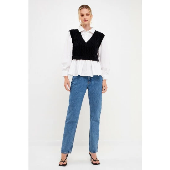 English Factory Mixed Media Sweater Vest Top Sweatshirts & Sweaters Black/white