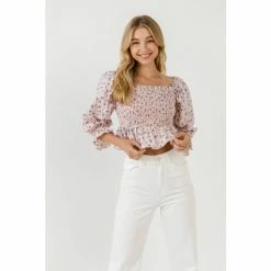 English Factory Floral Smocked Top Tops Blush