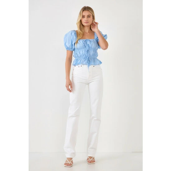 English Factory Tie Detail Shirring Top With Short Sleeves Tops Powder Blue - Image 2