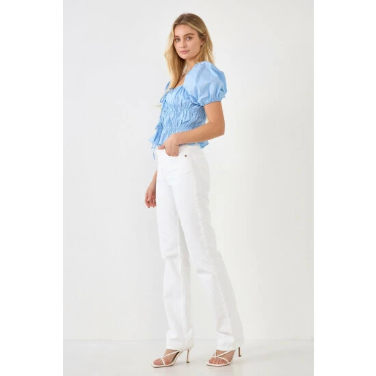 English Factory Tie Detail Shirring Top With Short Sleeves Tops Powder Blue - Image 3