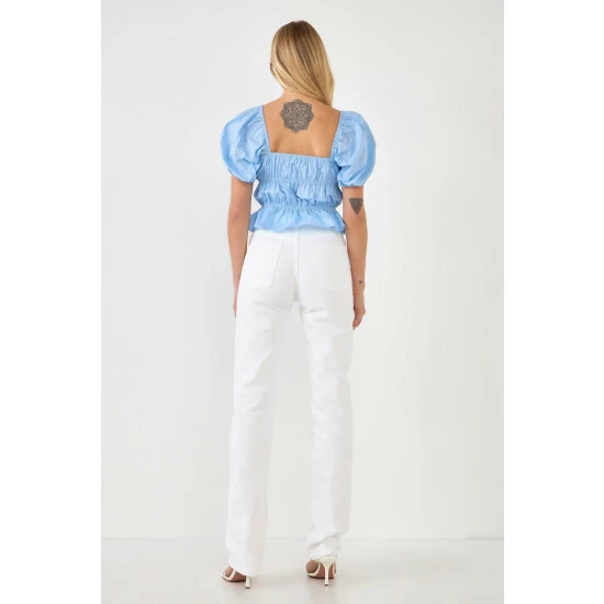 English Factory Tie Detail Shirring Top With Short Sleeves Tops Powder Blue - Image 4