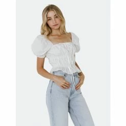 English Factory Tie Detail Shirring Top With Short Sleeves Tops White