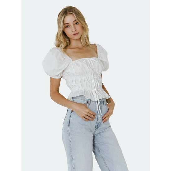 English Factory Tie Detail Shirring Top With Short Sleeves Tops White