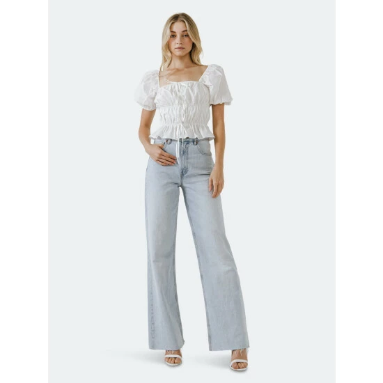 English Factory Tie Detail Shirring Top With Short Sleeves Tops White - Image 2