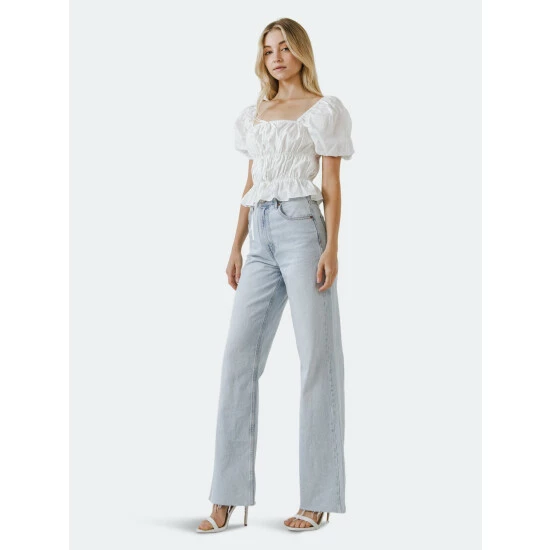 English Factory Tie Detail Shirring Top With Short Sleeves Tops White - Image 3