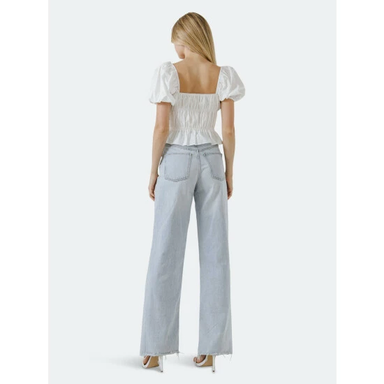 English Factory Tie Detail Shirring Top With Short Sleeves Tops White - Image 4