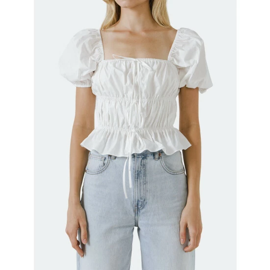 English Factory Tie Detail Shirring Top With Short Sleeves Tops White - Image 5