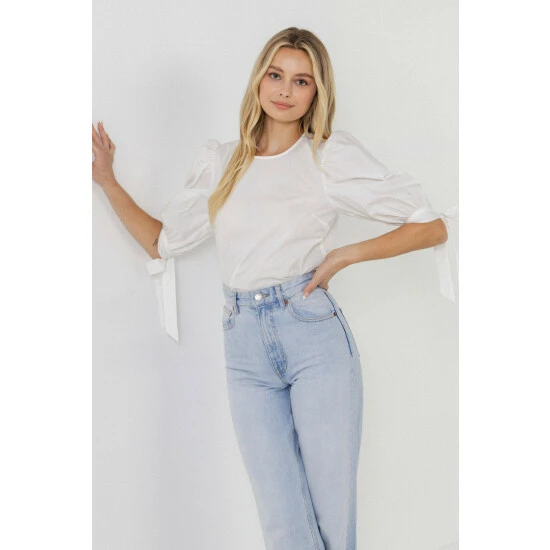 English Factory Bow Banded Puff Sleeve Blouse Tops White