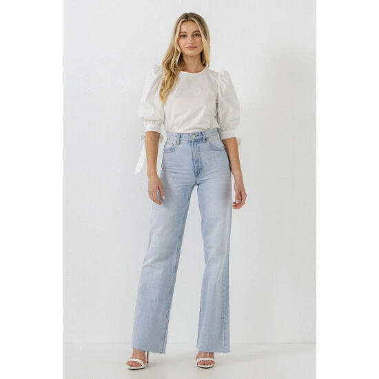 English Factory Bow Banded Puff Sleeve Blouse Tops White - Image 2