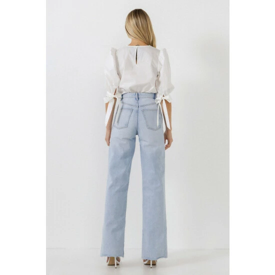 English Factory Bow Banded Puff Sleeve Blouse Tops White - Image 3