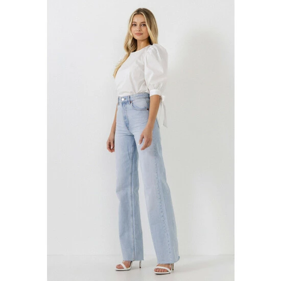 English Factory Bow Banded Puff Sleeve Blouse Tops White - Image 4