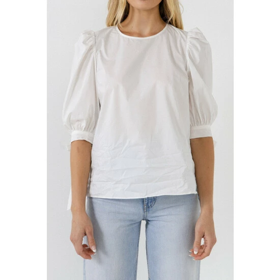 English Factory Bow Banded Puff Sleeve Blouse Tops White - Image 5
