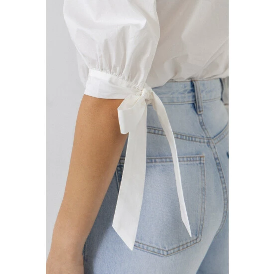 English Factory Bow Banded Puff Sleeve Blouse Tops White - Image 6