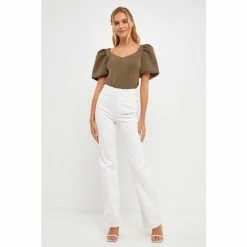 English Factory Scuba Puff Sleeve Top Tops Olive