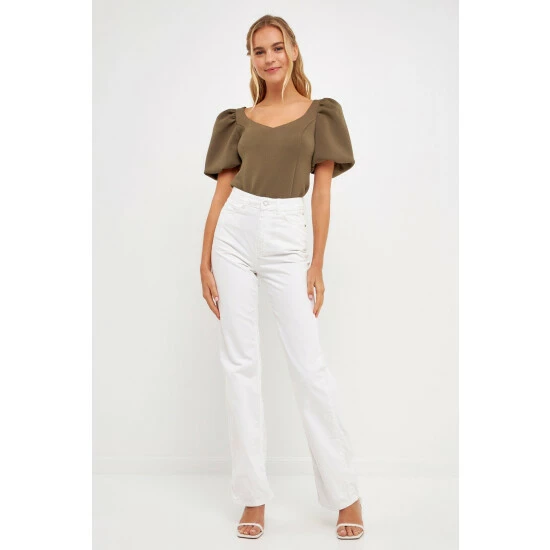 English Factory Scuba Puff Sleeve Top Tops Olive