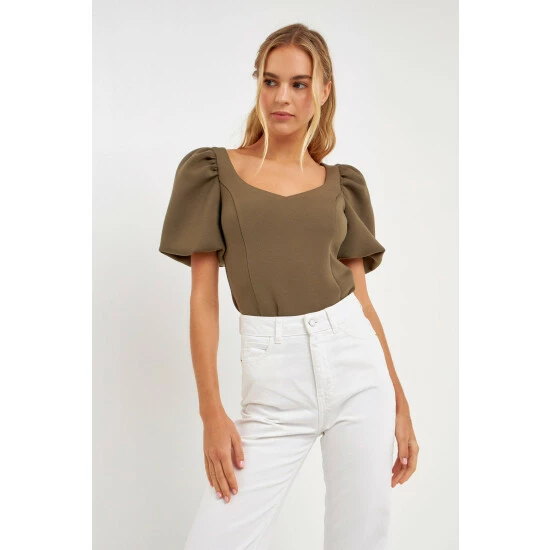 English Factory Scuba Puff Sleeve Top Tops Olive - Image 4